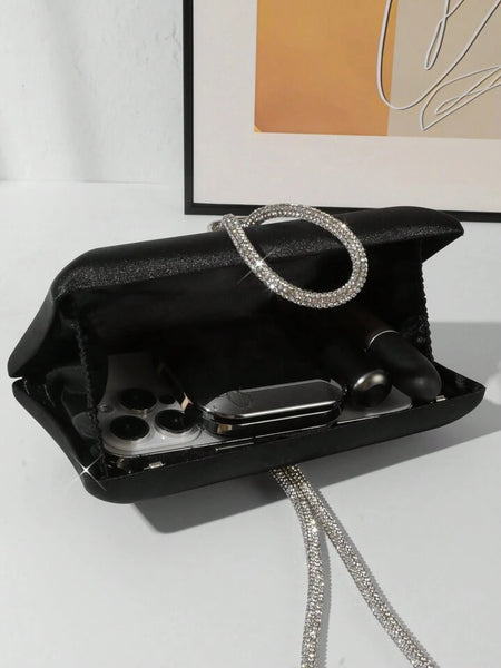 Black Rhinestone Satin Evening Clutch Purse