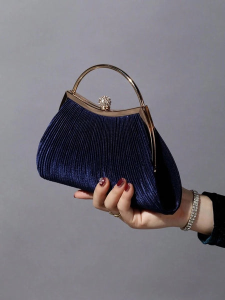 Navy Satin Crimp Evening Clutch