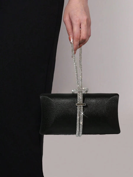 Black Rhinestone Satin Evening Clutch Purse
